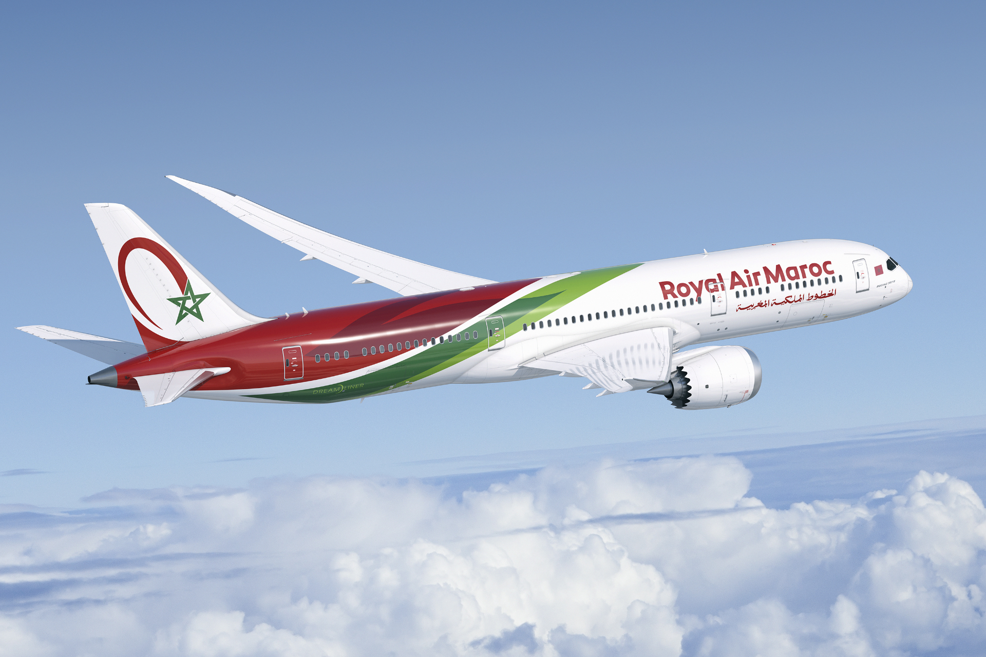 Royal Air Maroc airplane flying between Morocco and Europe